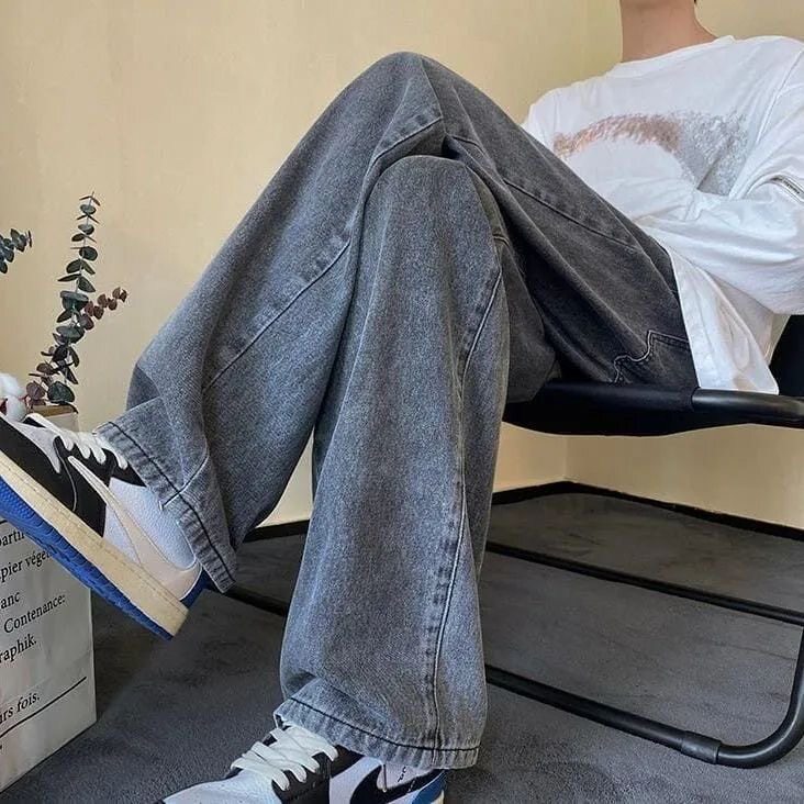 BLACK AND GRAY WIDE-LEG STRAIGHT-LEG JEANS MENS VERSATILE LOOSE WASH TRENDY DROP PANTS TRENDY DAD DAD PANTS