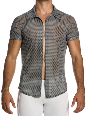 MODUS VIVENDI 透视短袖衬衫 修身柔软舒适透气网纱印花 04542