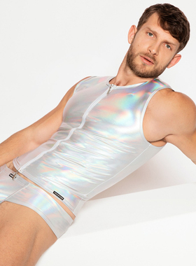 MANSTORE 性感闪耀渐变光泽修身拉链男士无袖背心2-11998