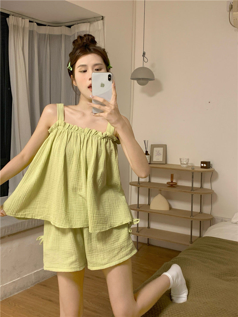ins纯棉纱布睡衣女绿色吊带夏季