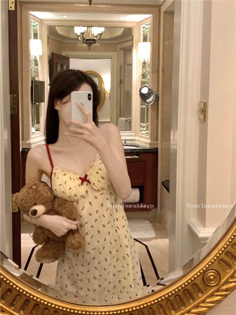 夏季吊带纯棉麻小碎花带胸垫睡裙