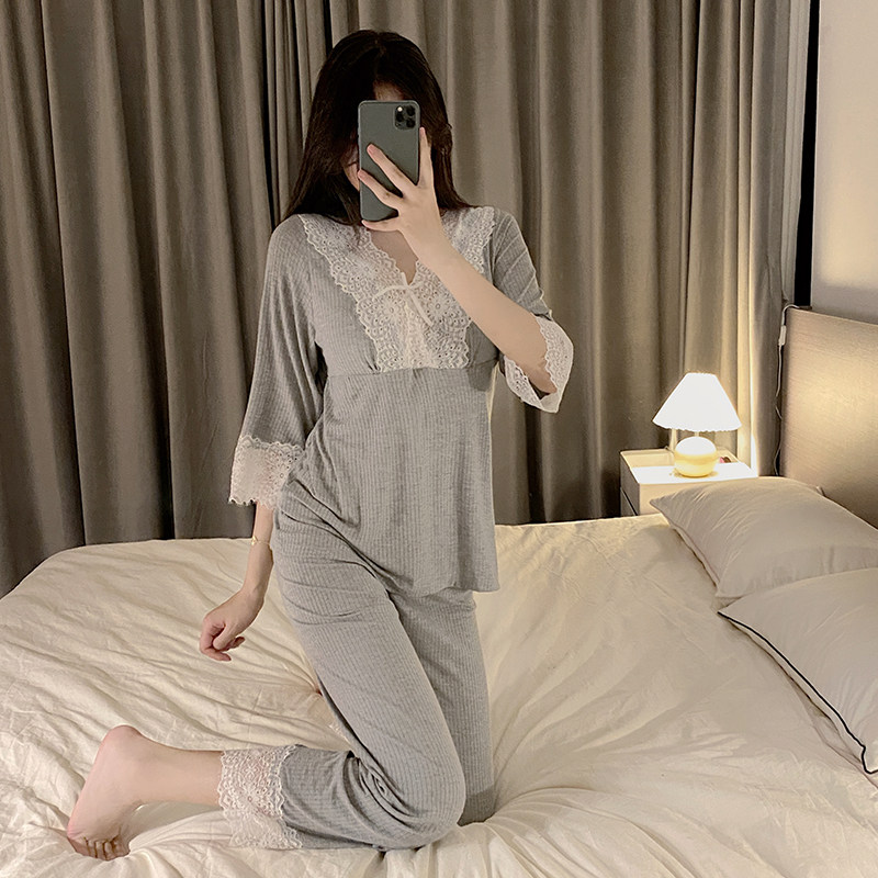 睡衣夏季纯棉莫代尔蕾丝V领短袖