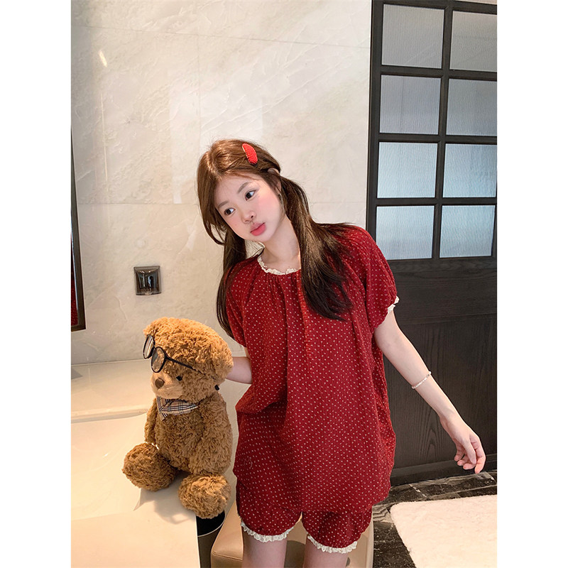 睡衣女夏季碎花蕾丝花边红色短袖