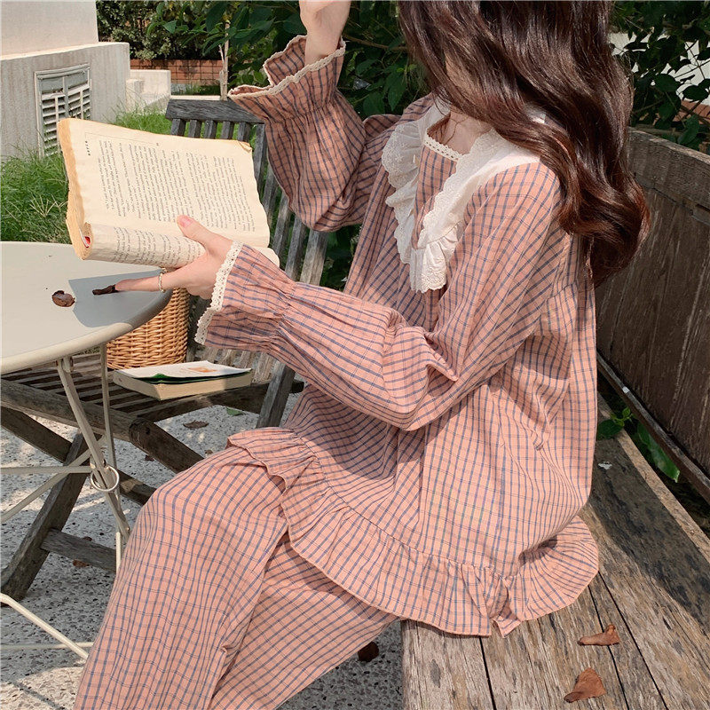 其他女蕾丝纯棉麻休闲格子睡衣