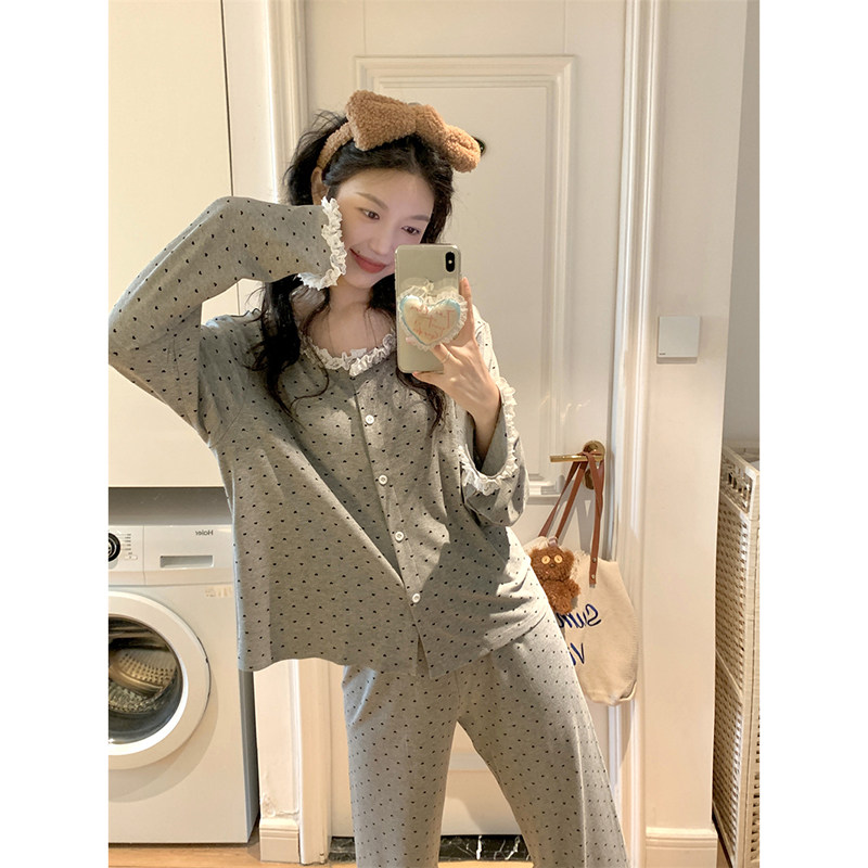 春秋季德绒睡衣女款爱心蕾丝花边
