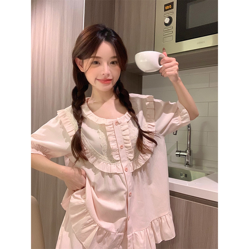 宫廷全棉蕾丝花边夏季睡衣女短袖