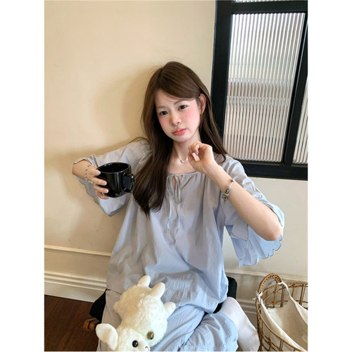 天蓝色纯棉麻睡衣女夏季短袖圆领