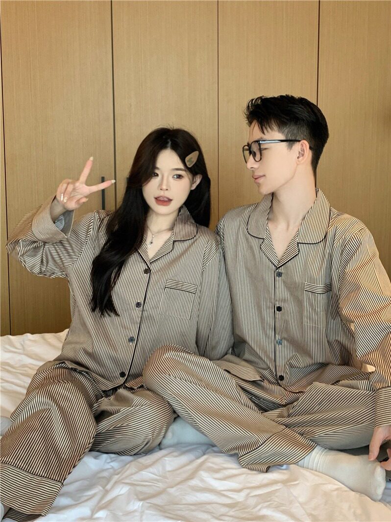 春秋季条纹长袖纯棉麻情侣睡衣女
