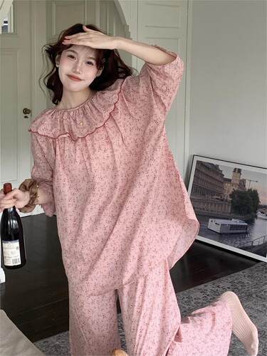 春秋季睡衣女小碎花纯棉麻七分袖