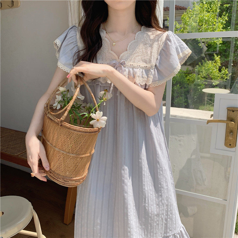 睡衣女夏季棉麻韩版甜美公主风刺绣蕾丝飞飞袖全棉睡裙宽松家居服