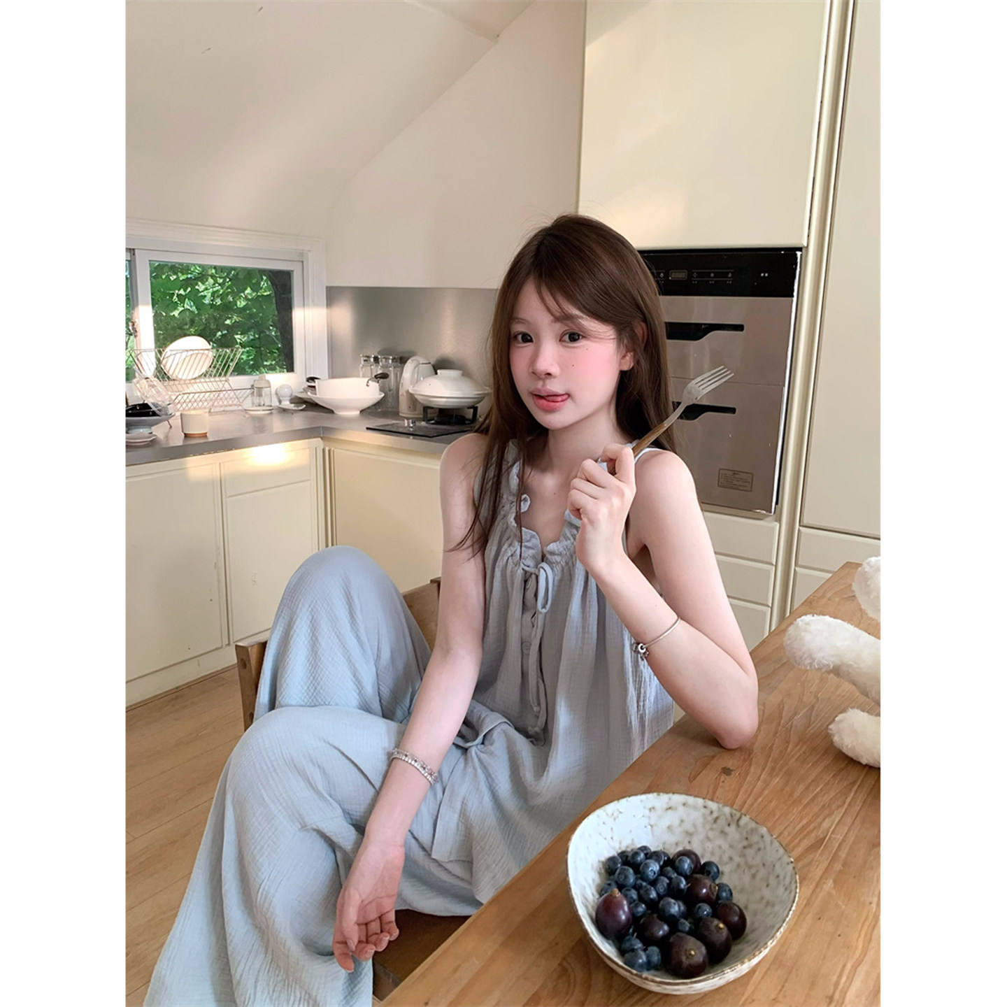 吊带睡衣女夏季纯棉纱布无袖长裤