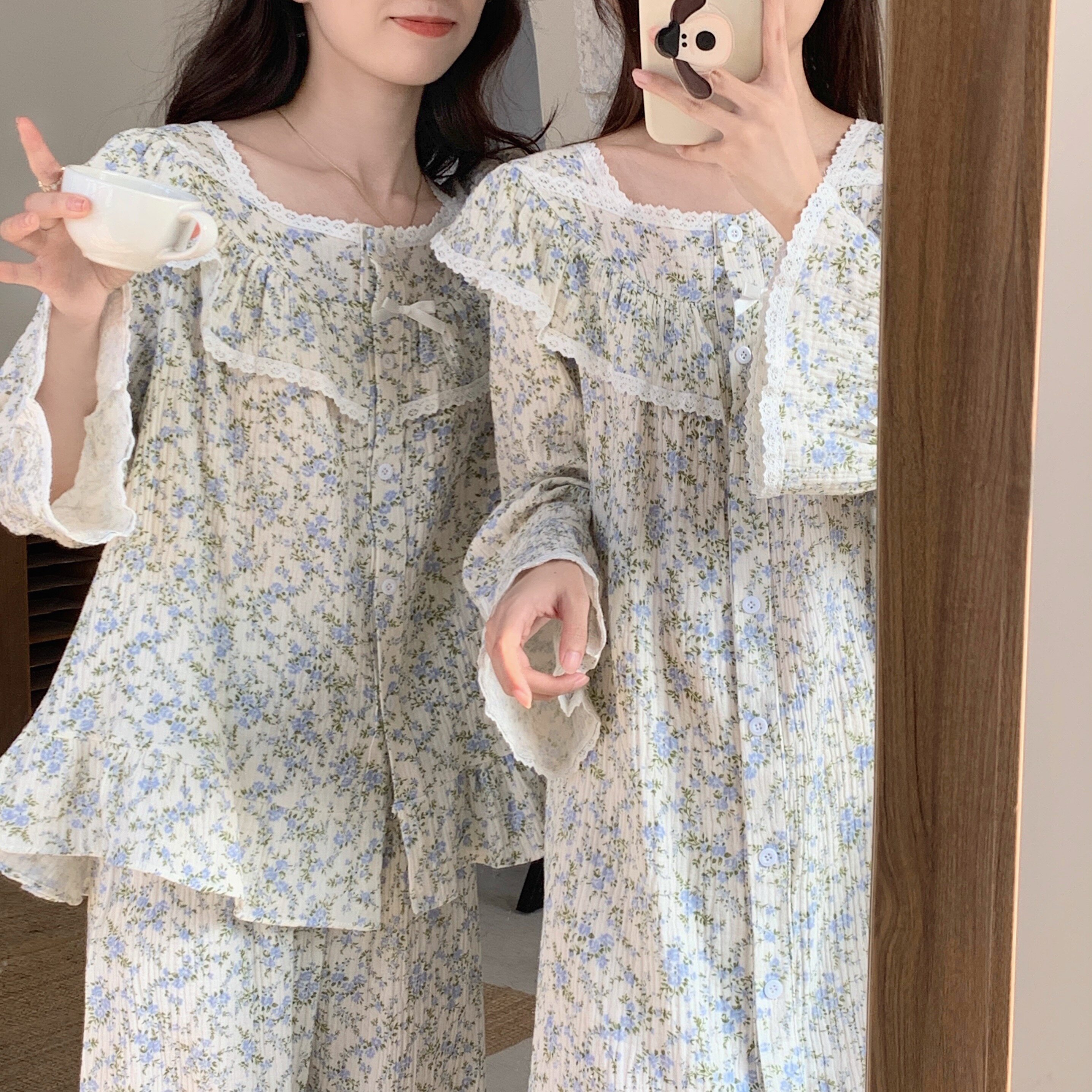 其他女纯棉麻下碎花蕾丝家居服
