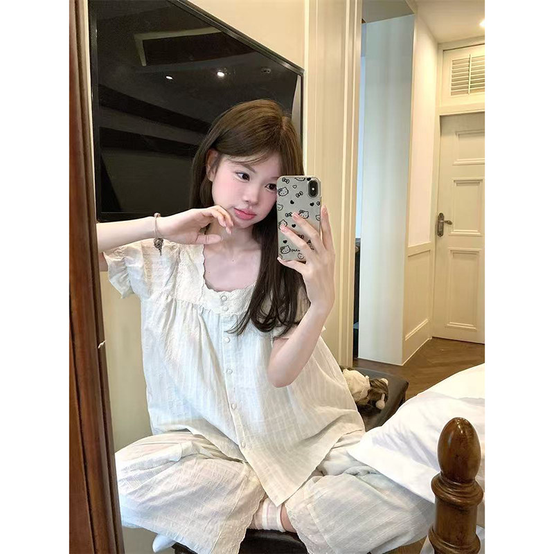 宫廷风白色纯棉麻花边短袖睡衣女
