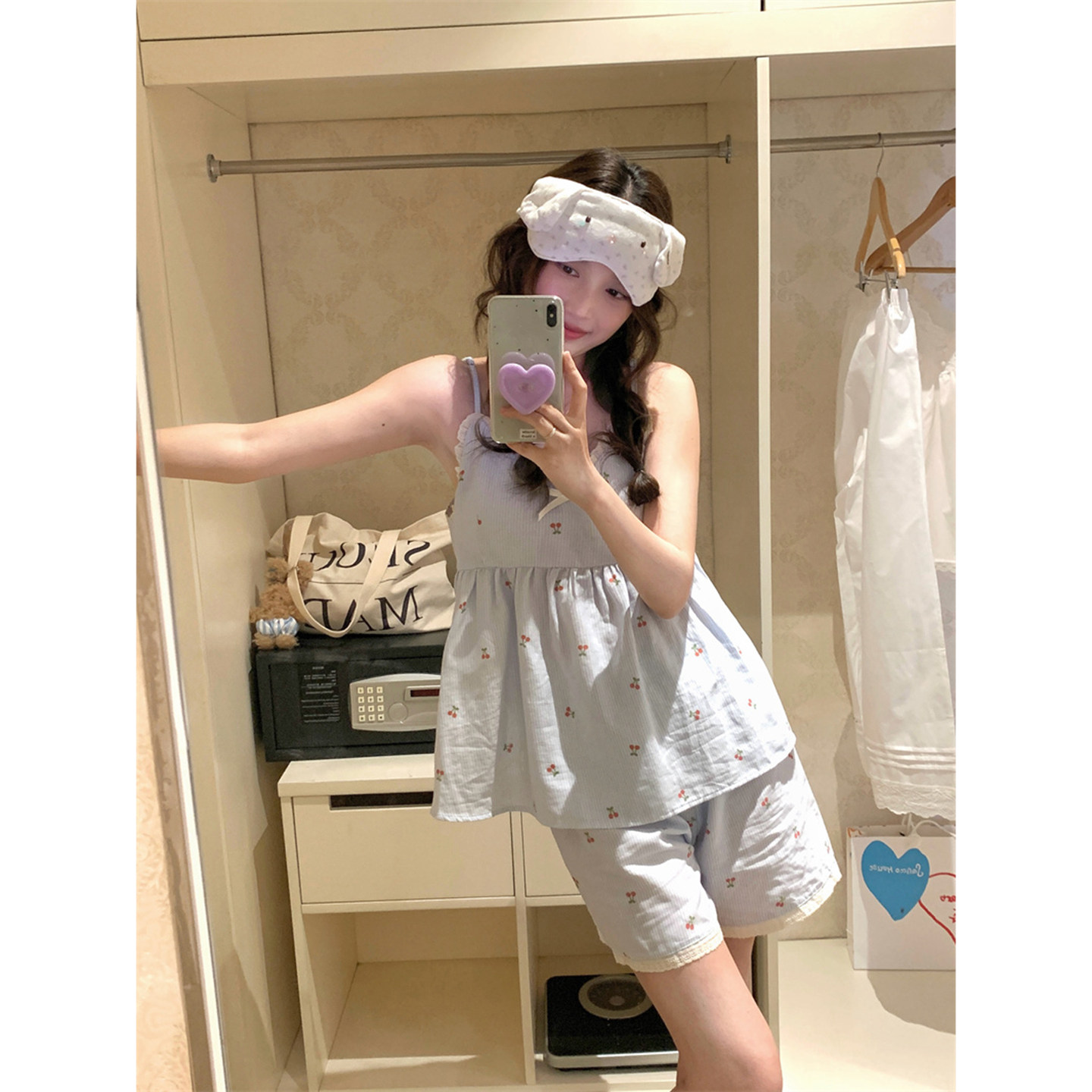 甜美樱桃条纹纯棉蝴蝶结吊带家居服睡衣套装
