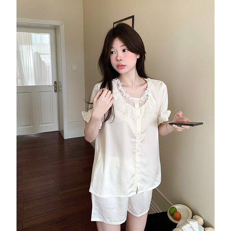 睡衣女夏冰丝蕾丝边公主白色短袖