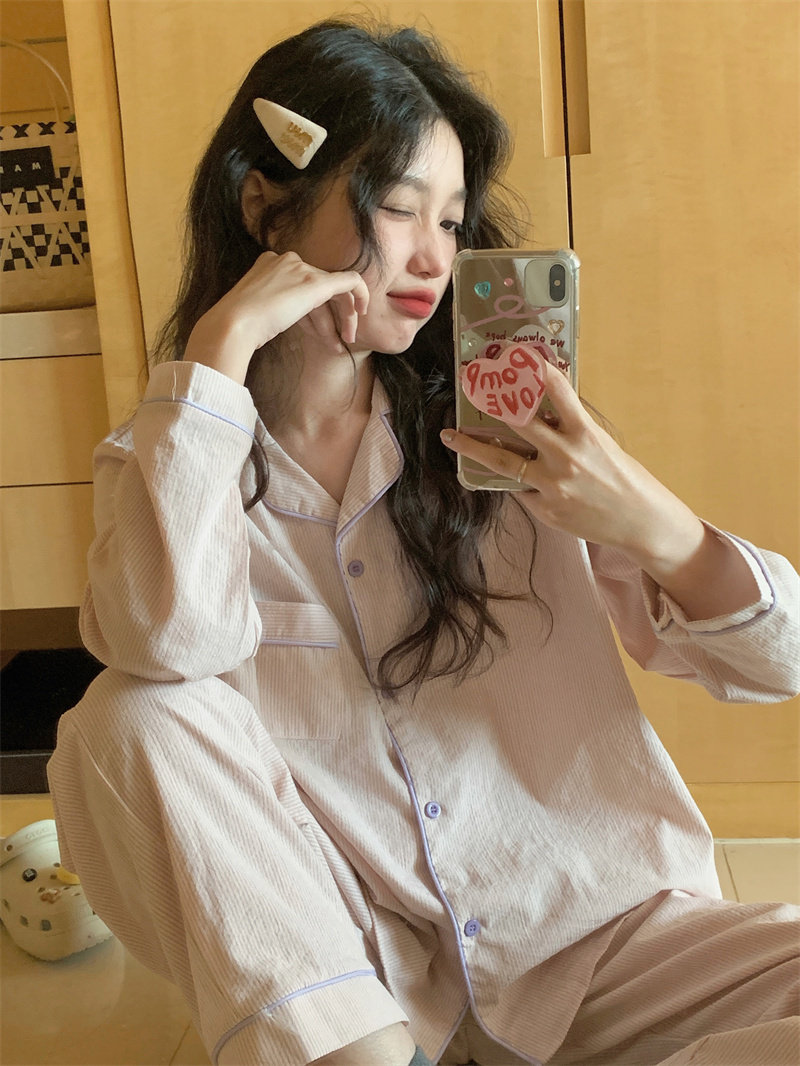 睡衣女款纯棉麻条纹春秋季长袖