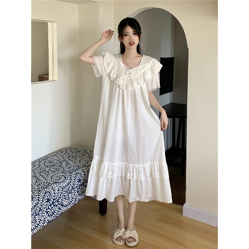 白色蕾丝宫廷风睡衣女款短袖夏季