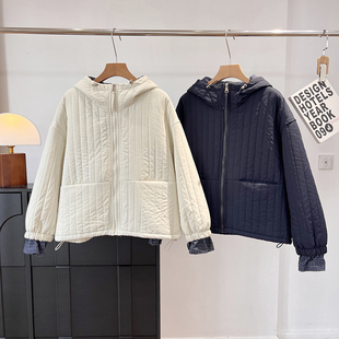 大厂订单 宽松减龄重工绗棉条纹肌理感宽松连帽棉衣棉服外套女冬