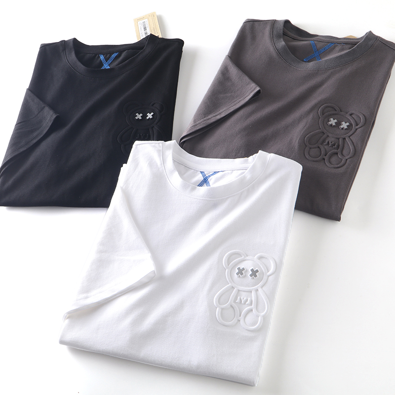 夏季220克精梳棉压花阔版短袖T恤