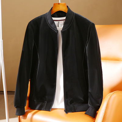 丝绒质感棒球领真羊皮皮夹克外套