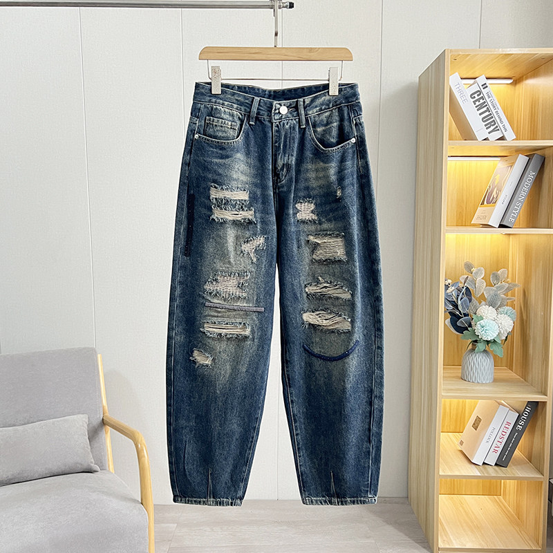 复古磨破做旧水洗直筒休闲牛仔裤