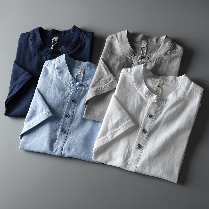 国潮！新中式！盘扣领+做旧质感纽扣！夏季薄款棉麻透气短袖衬衣,男装,衬衫,淘宝优惠券,粉丝福利购,淘宝优惠卷