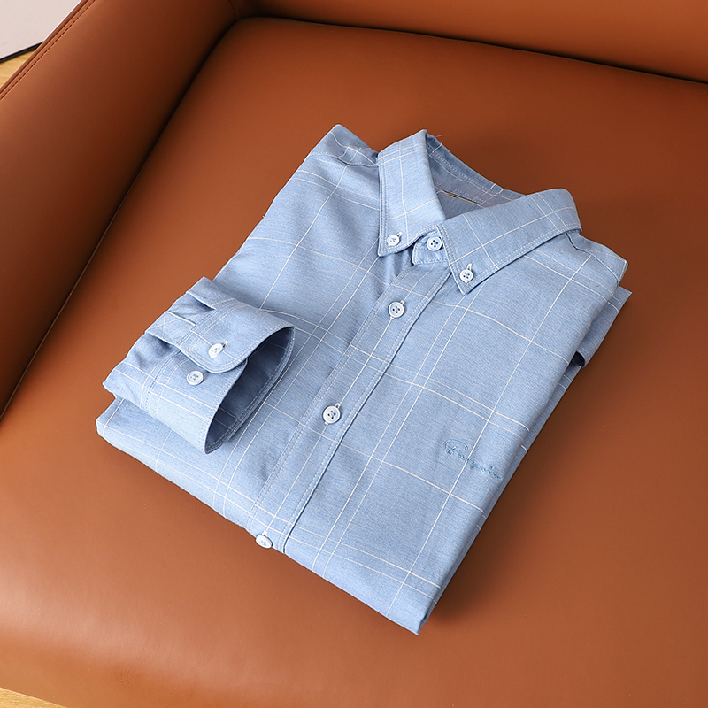 再生纤维混纺轻商务格纹长袖衬衫