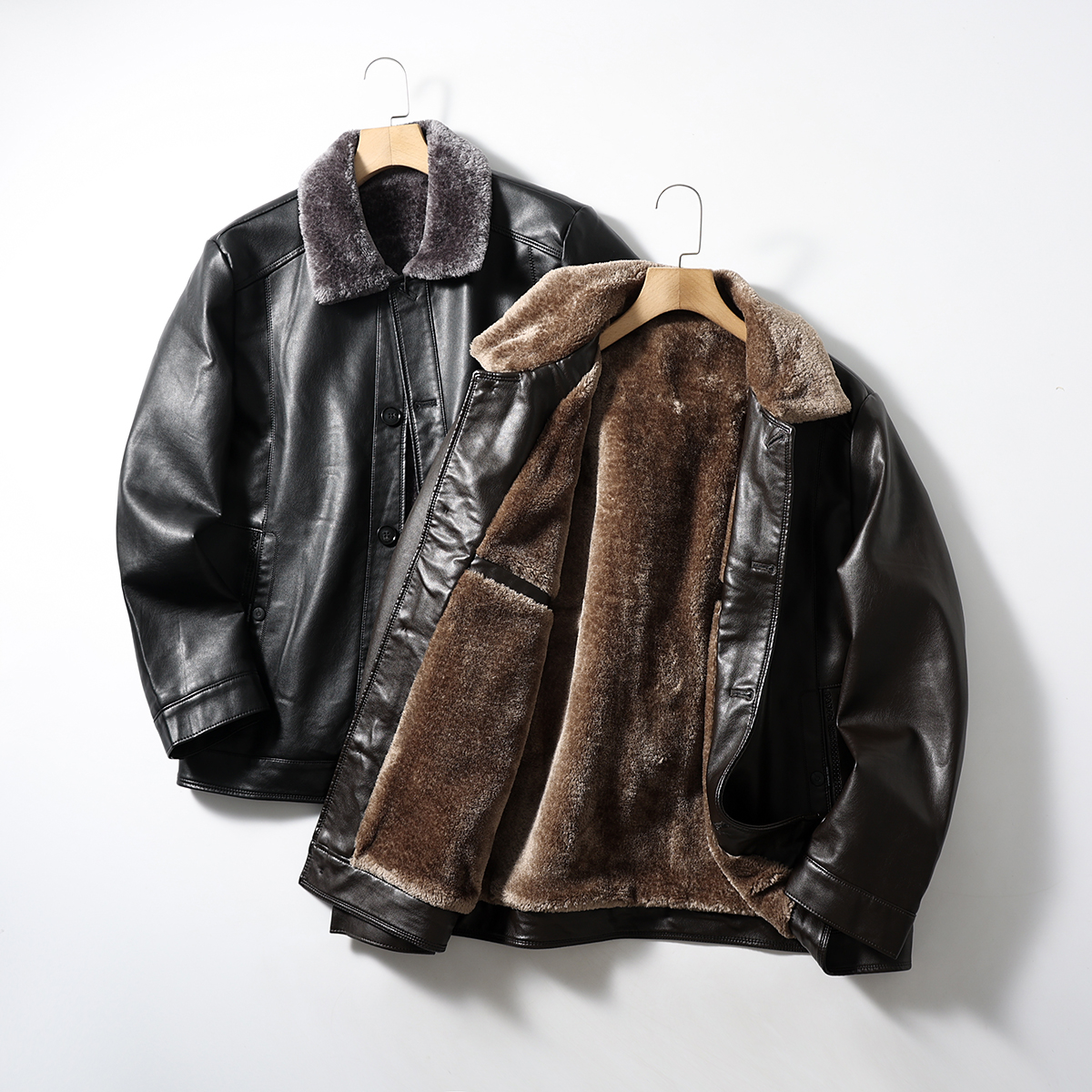柔软细腻水洗PU皮加绒保暖皮夹克