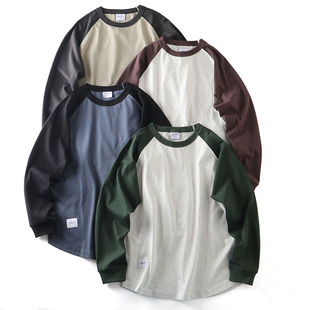 百搭休闲圆领撞色插肩长袖 岛国单 男士 宽松舒适 T恤 280g全棉