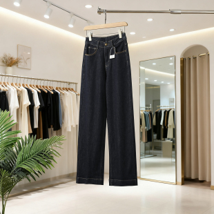 高腰宽松直筒显瘦微弧奶奶裤 女士牛仔阔腿裤 新款 秋季 高弹水洗