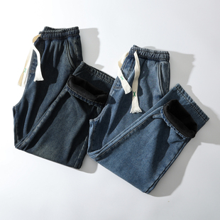 松紧腰宽松直筒休闲老爹牛仔裤 秋冬男士 加绒保暖 复古水洗做旧