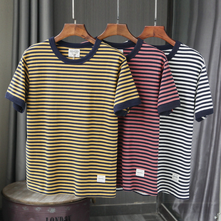 T恤 春夏男女条纹圆领休闲百搭短袖 定制280G粗纱全棉 可配情侣