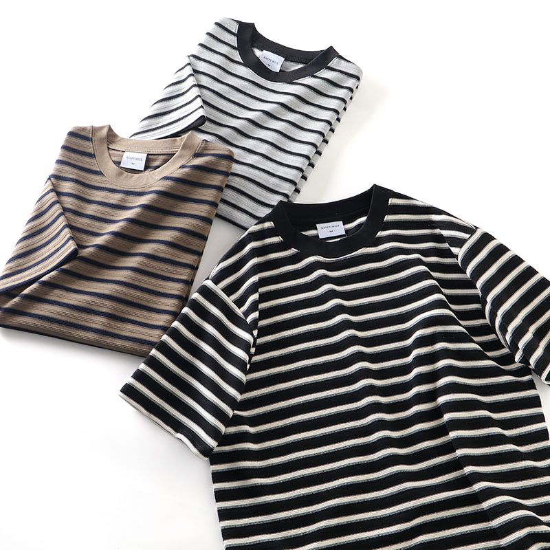 双纱棉吸湿透气复古条纹短袖T恤