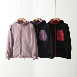 双面穿 男女户外防风防泼水方格暖绒冲锋衣夹克 情侣连帽软壳衣