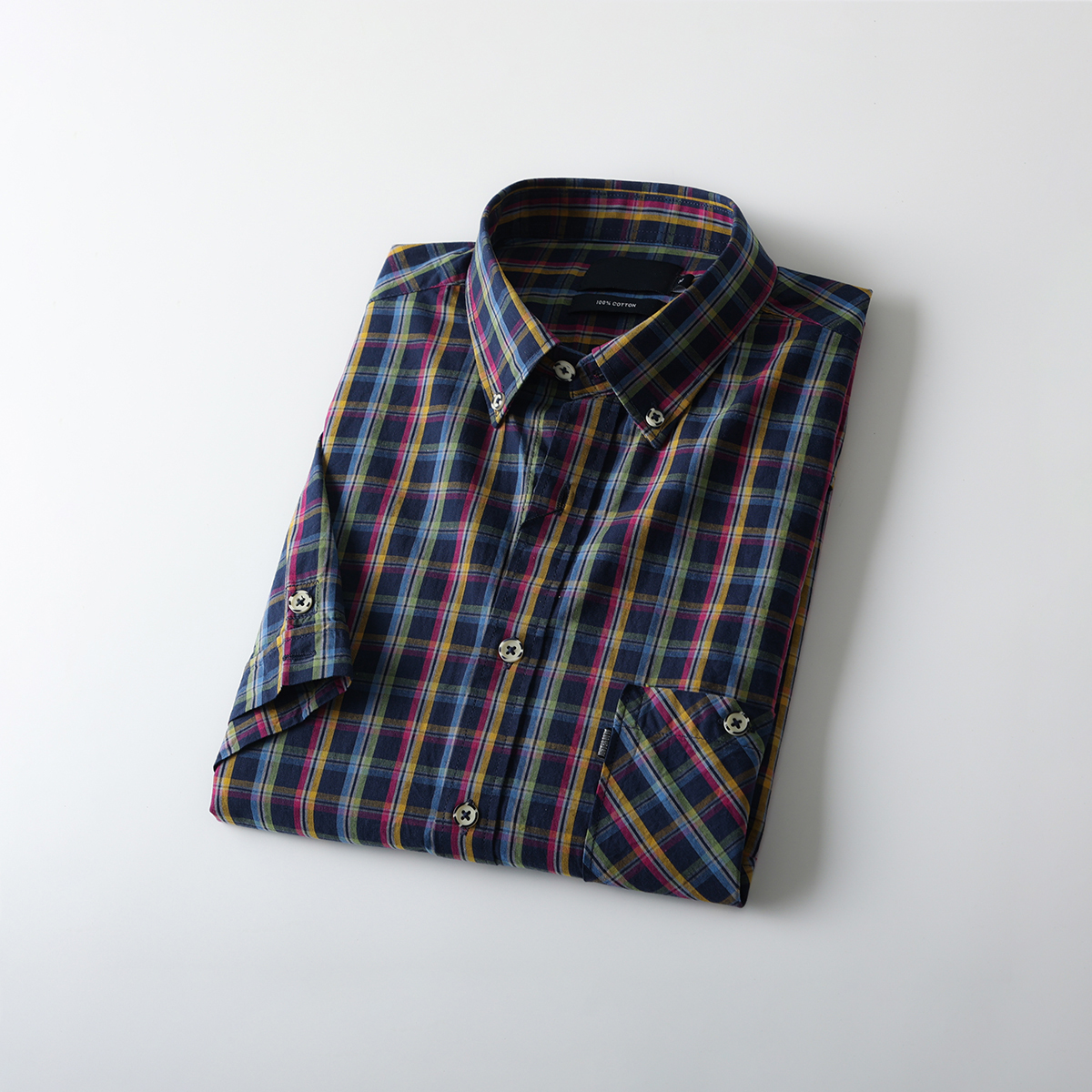 全棉纱织水洗彩色格纹短袖衬衫男