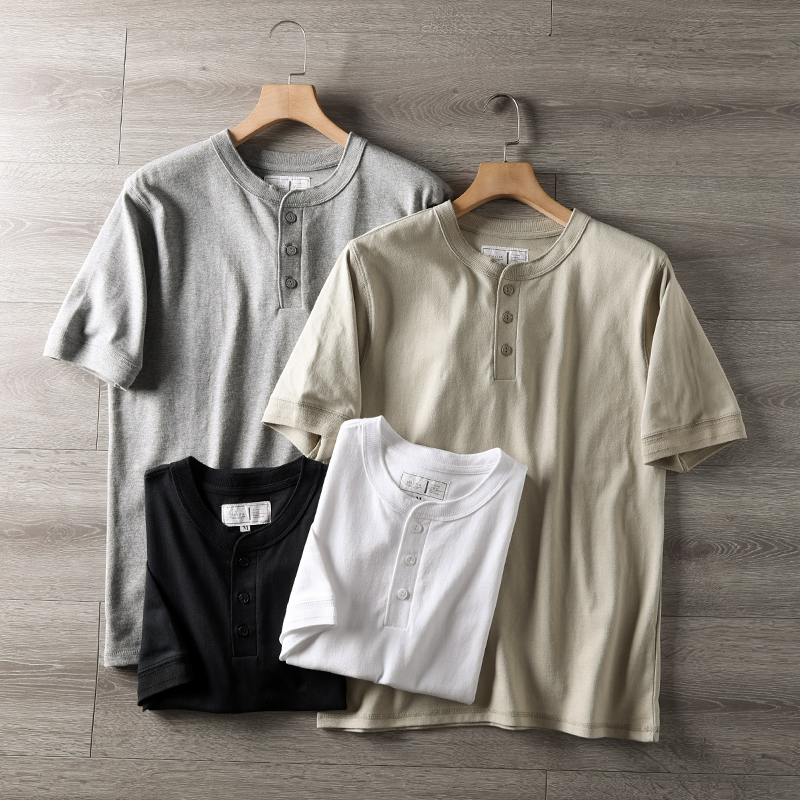成衣水洗美式全棉亨利领短袖T恤