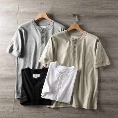 成衣水洗美式全棉亨利领短袖T恤