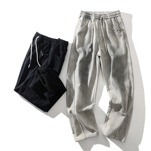 美式复古痞帅!水洗做旧扎染!秋冬男士松紧腰加绒阔腿休闲牛仔裤