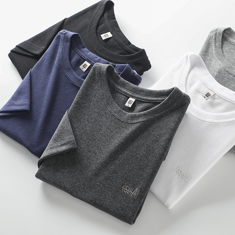 舒适细腻华夫格纯色刺绣短袖T恤