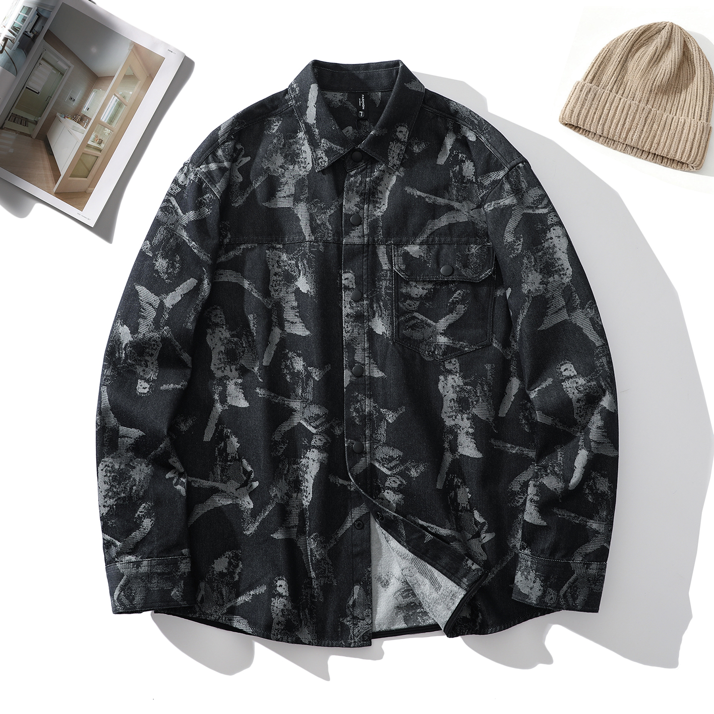 撞色印花毛圈内里工装衬衫外套男