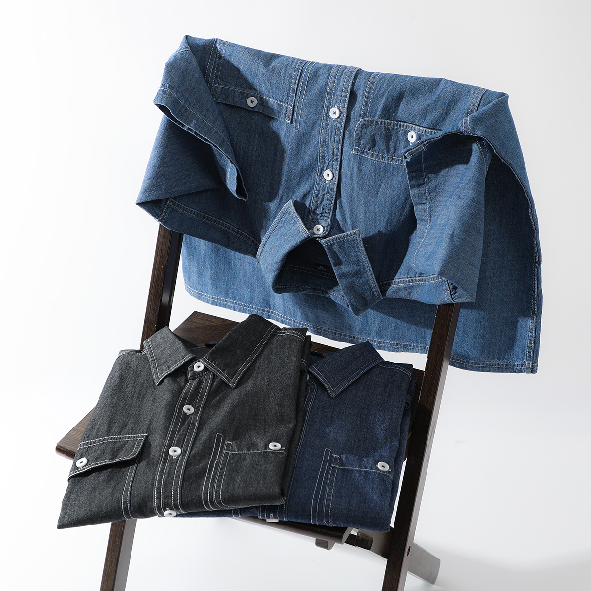 全棉水洗复古工装多口袋牛仔衬衫