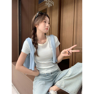 显瘦小个子套头短上衣 修身 甜美小清新条纹圆领短袖 T恤女2025夏季