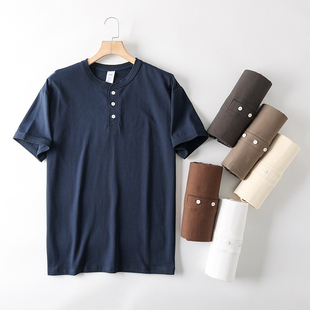 美式亨利领！300克重水洗全棉！夏季男士纯色廓形打底短袖T恤衫潮
