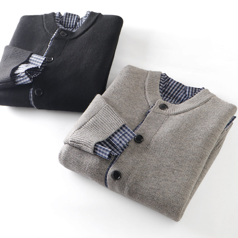 高克重复古假两件针织开衫毛衣男