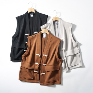 V领宽松休闲马甲 秋冬男加绒保暖时尚 复古vintage风 牛角扣设计