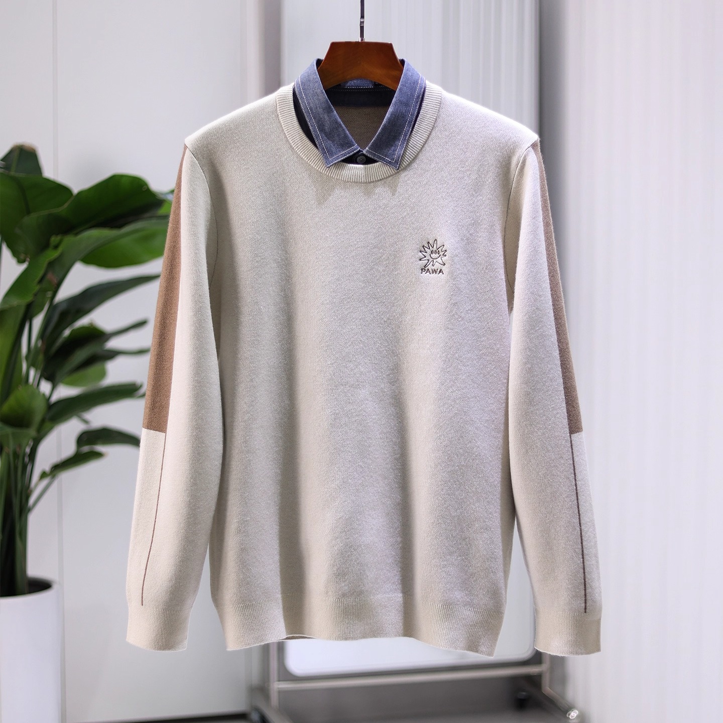 假两件衬衫领撞色保暖针织衫毛衣