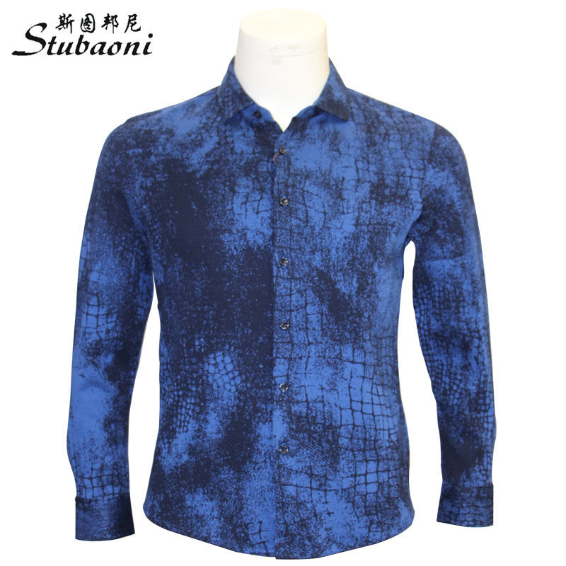 斯图邦尼stubaoni hc163070纯棉休闲商务衬衫方领龟裂泼墨纹路男