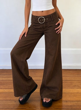 棕色大圆环腰带低腰阔腿牛仔裤复古宽松休闲裤Retro casual pants