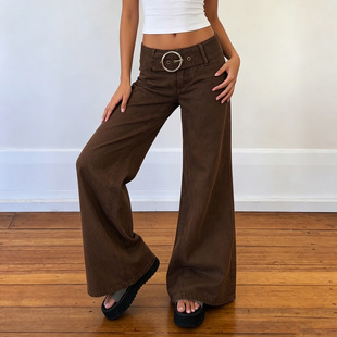 棕色大圆环腰带低腰阔腿牛仔裤复古宽松休闲裤Retro casual pants