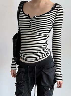 美式条纹内搭打底衫T恤女秋冬亨利领休闲长袖上衣striped T-shirt